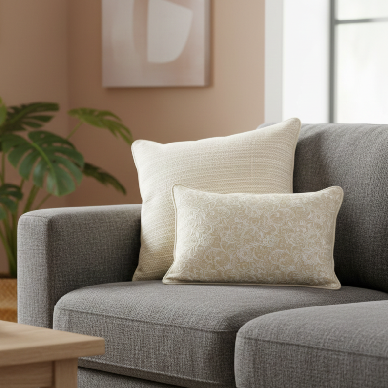 Beige Embroidered Linen Cushion 12 x 18