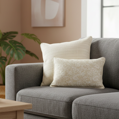 Beige Embroidered Linen Cushion 12 x 18