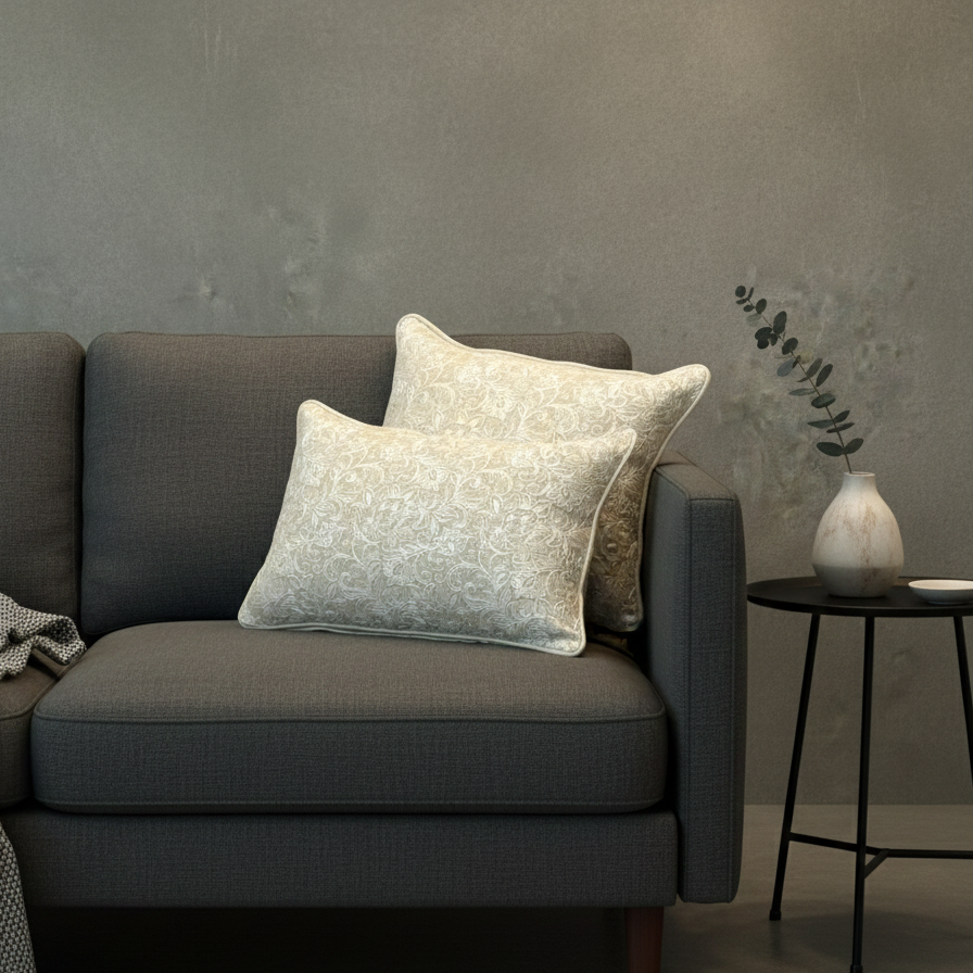 Beige Embroidered Linen Cushion 12 x 18