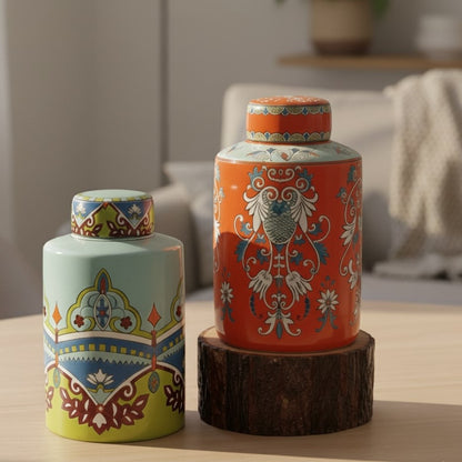 Handpainted Green Ceramic Decorative Jar With Lid