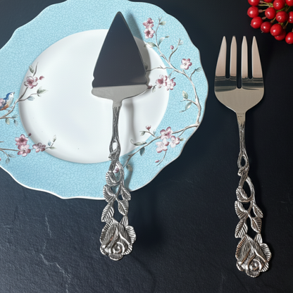 Antique Rose Cake Server & Fork Set