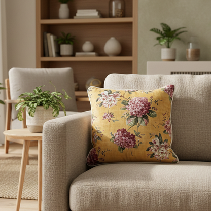 Yellow Floral Velvet Cushion Cover 16 x 16