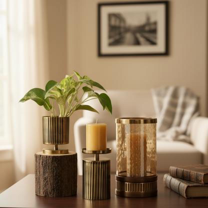 Amber Glass Hurricane With Wooden Base