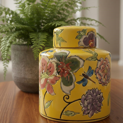 Handpainted Yellow Floral Decorative Jar With Lid