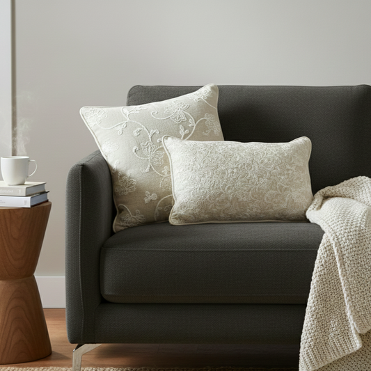 Beige Embroidered Linen Cushion 12 x 18