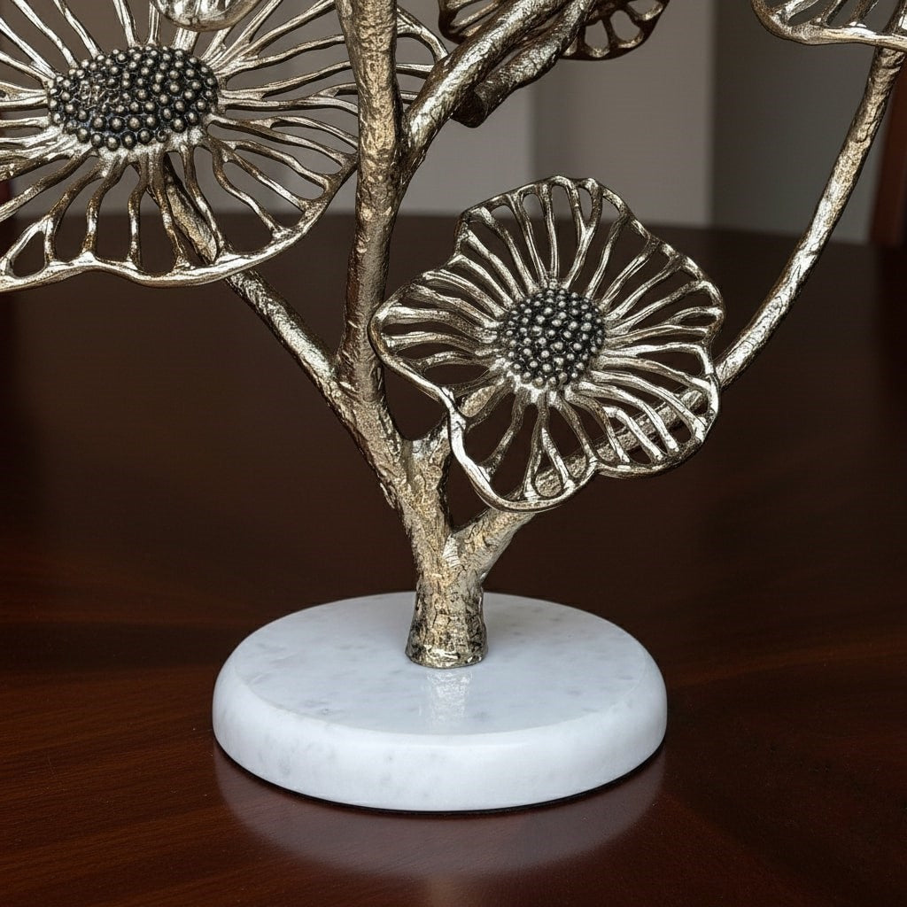 Nickel  Floral Sculpture With Marble Base