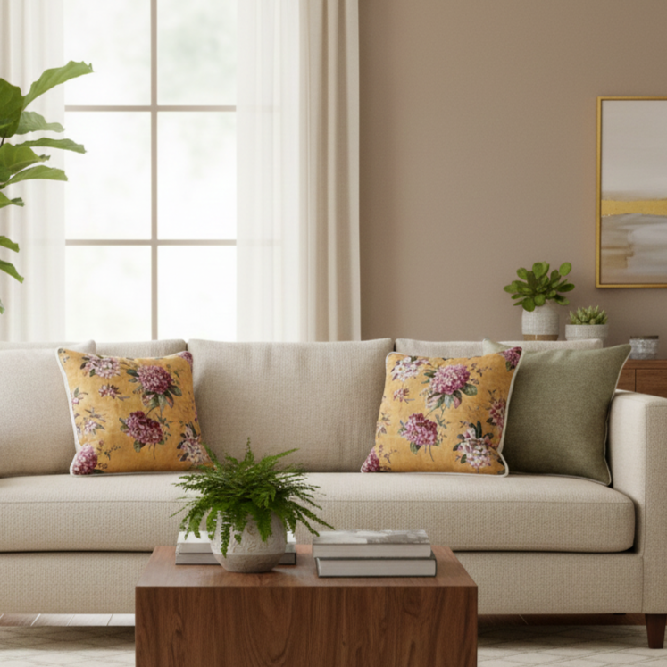 Yellow Floral Velvet Cushion Cover 16 x 16