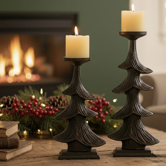 Rustic Christmas Tree Candlestand - Set Of 2
