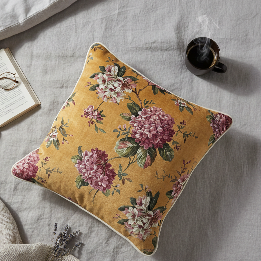 Yellow Floral Velvet Cushion Cover 16 x 16