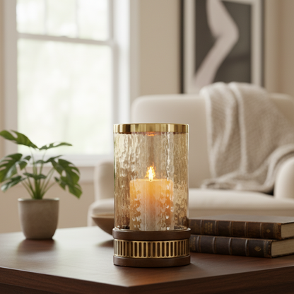 Amber Glass Hurricane With Wooden Base