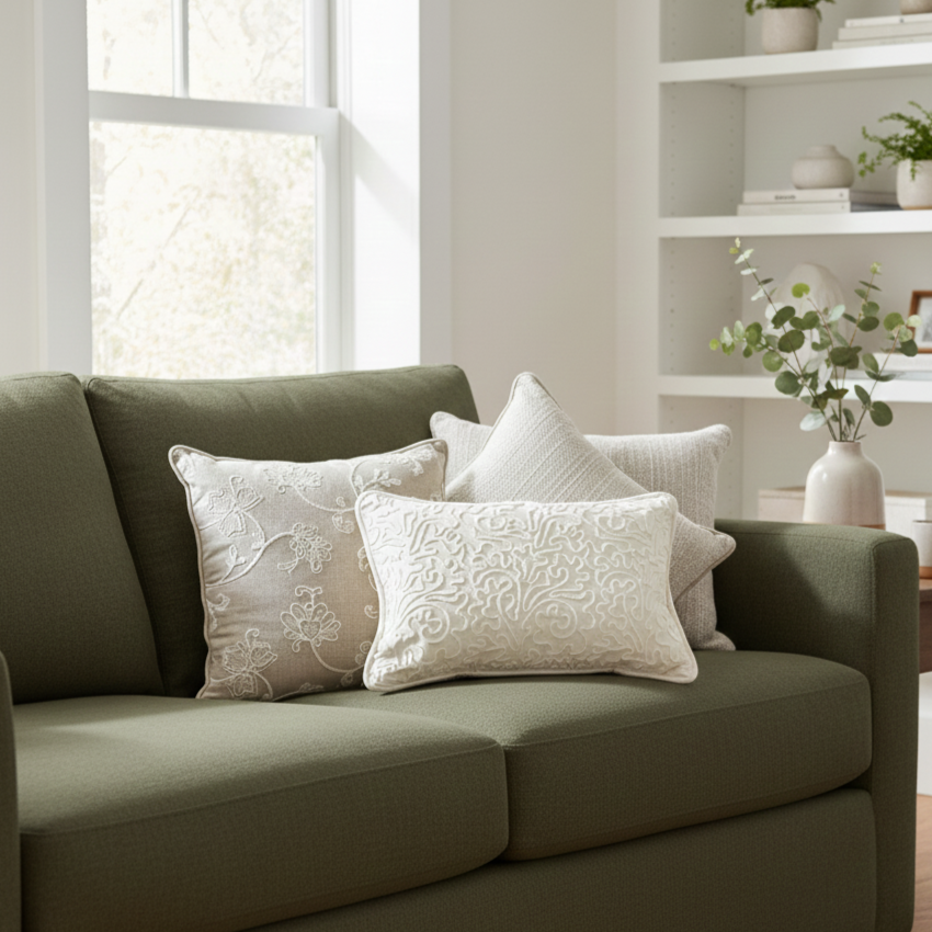 Beige Embroidered Linen Cushion 12 x 18