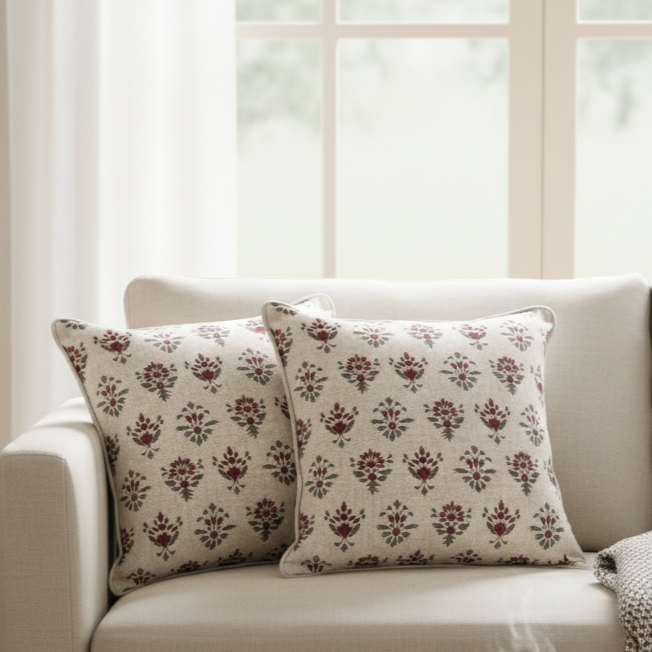 Floral Motif Linen Cushion Cover 16 x 16