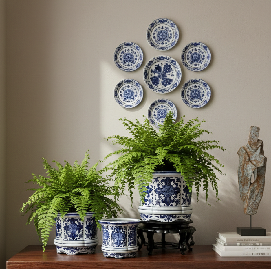 Blue And White Porcelain Floral Round Planter