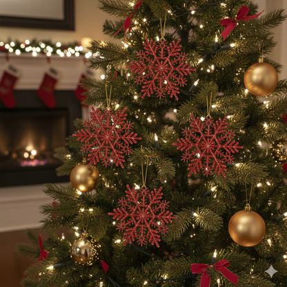 Christmas Ornament - Pack Of 5 Red Snowflakes Hanging