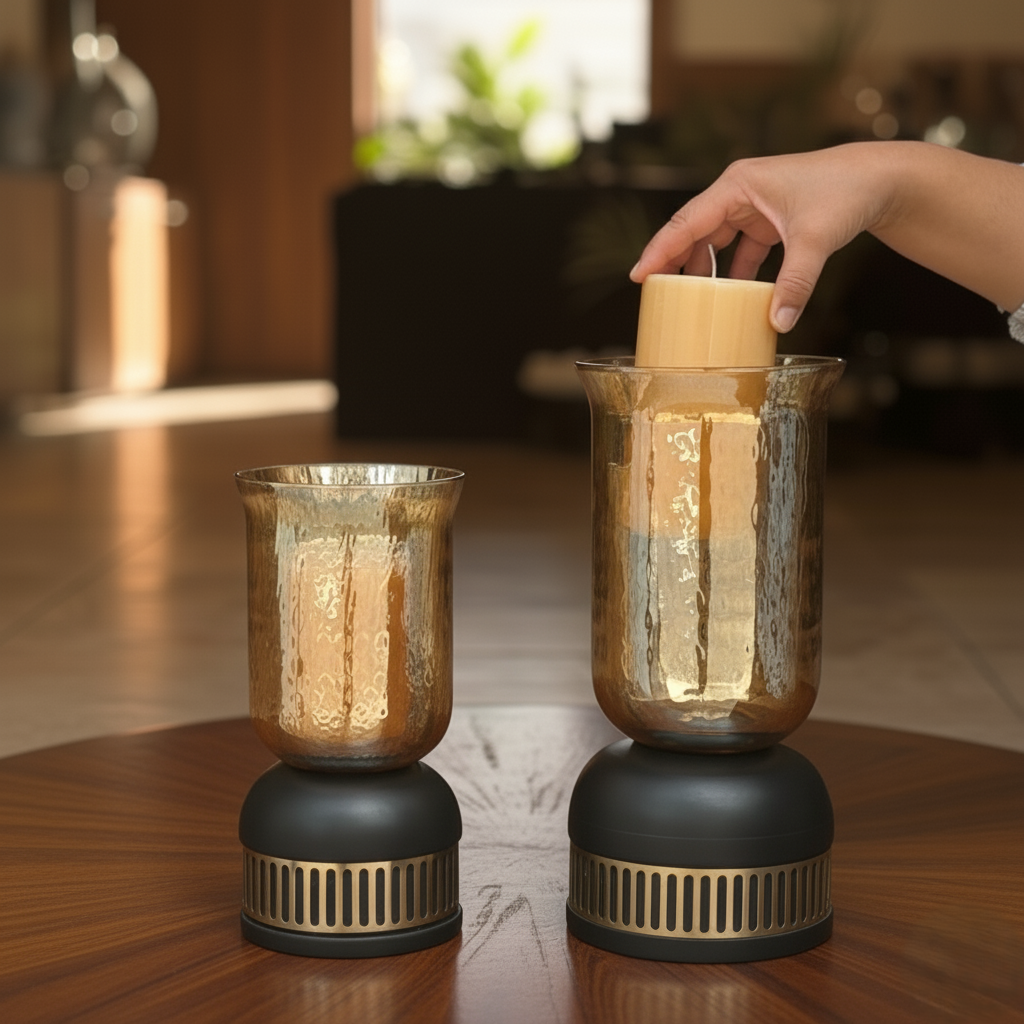 Bell Glass Candlestand With Wooden Base