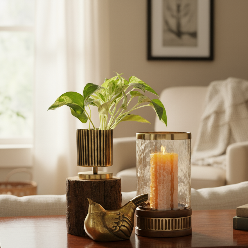 Amber Glass Hurricane With Wooden Base