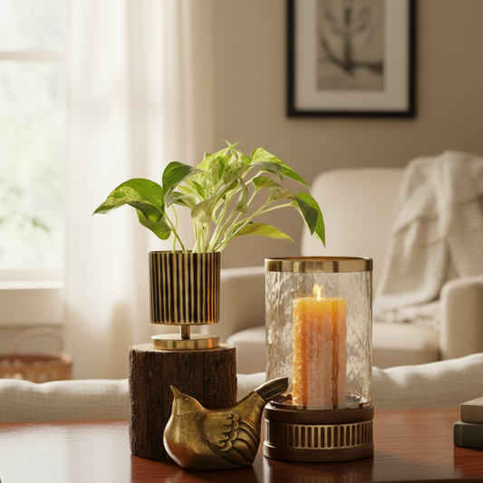 Amber Glass Hurricane With Wooden Base