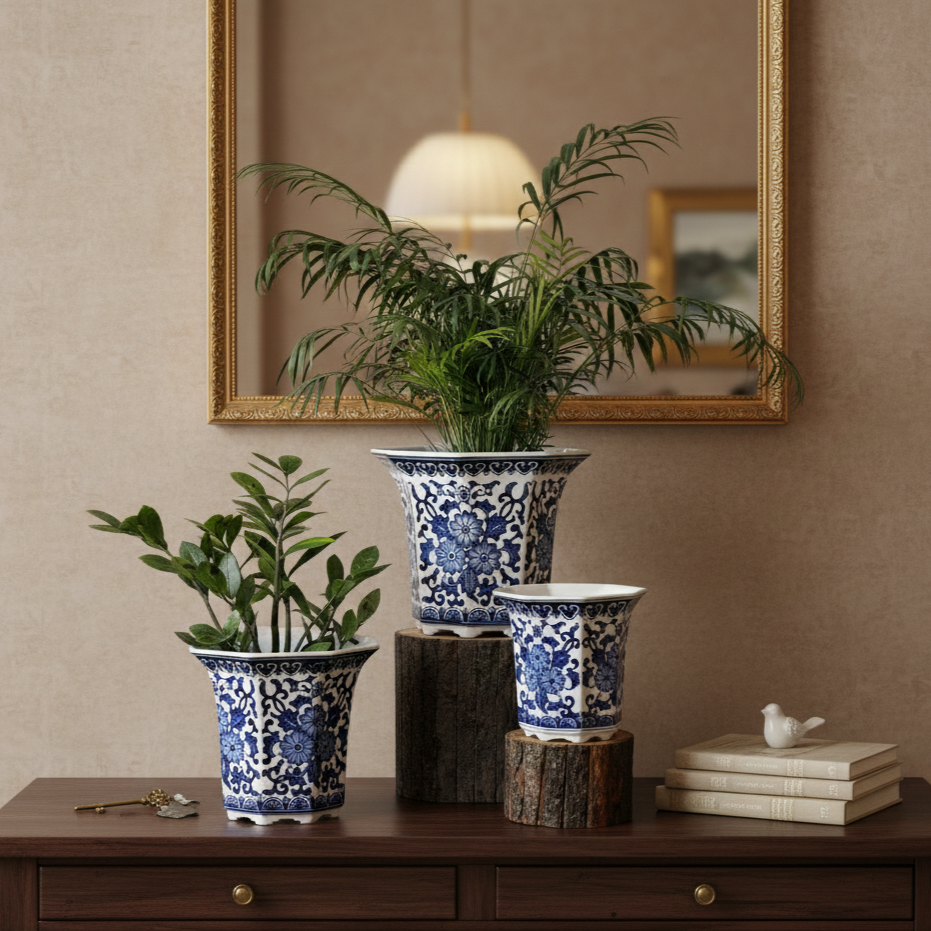 Blue And White Porcelain Octagonal Tall Planter