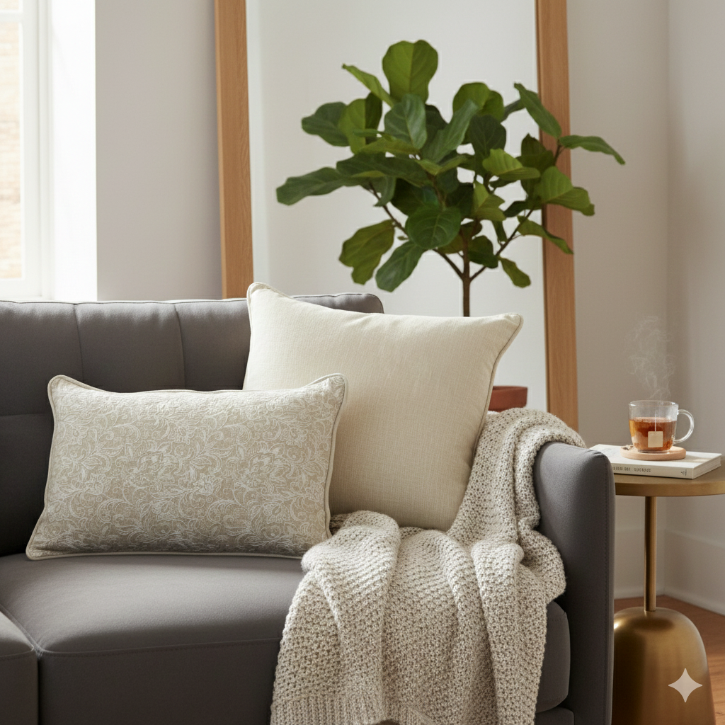 Beige Embroidered Linen Cushion 12 x 18