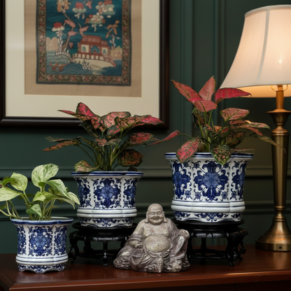 Blue And White Porcelain Floral Round Planter