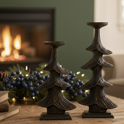 Rustic Christmas Tree Candlestand - Set Of 2