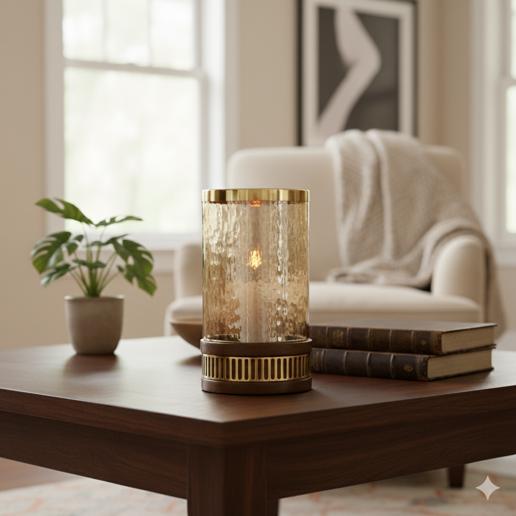 Amber Glass Hurricane With Wooden Base