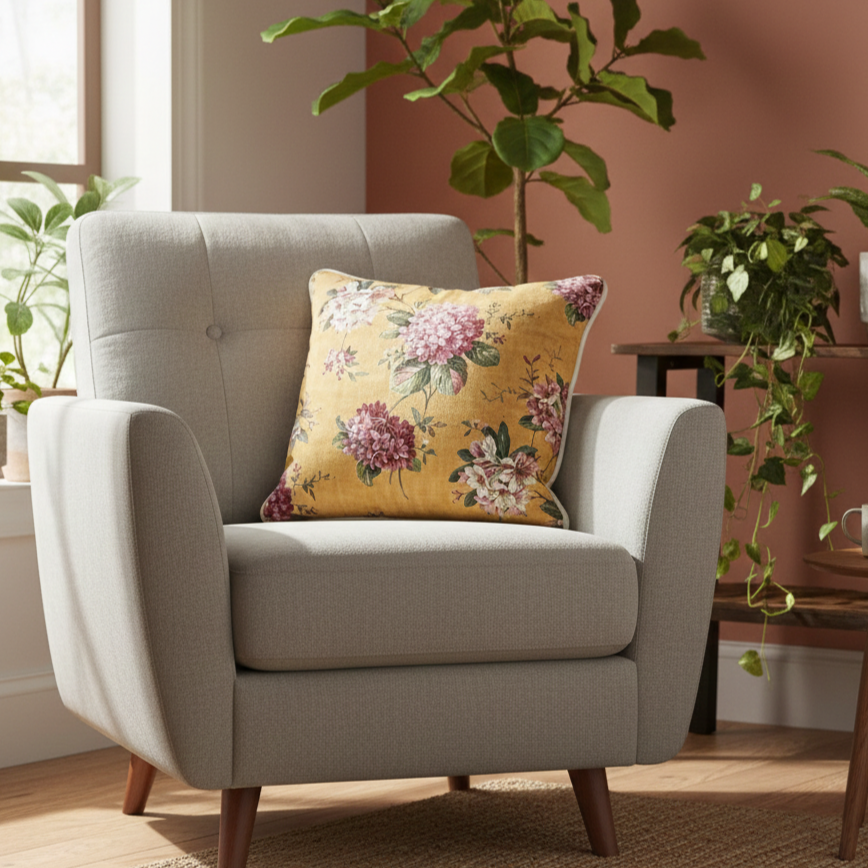 Yellow Floral Velvet Cushion Cover 16 x 16