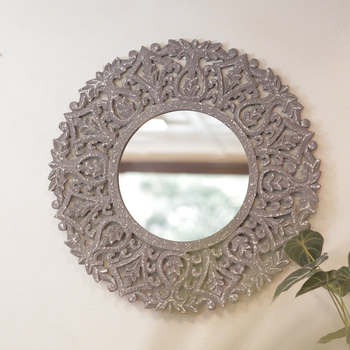 Wooden Carved Mirror Panel Grey