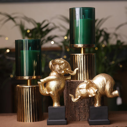 Antique Gold Ribbed Candlestand - Green