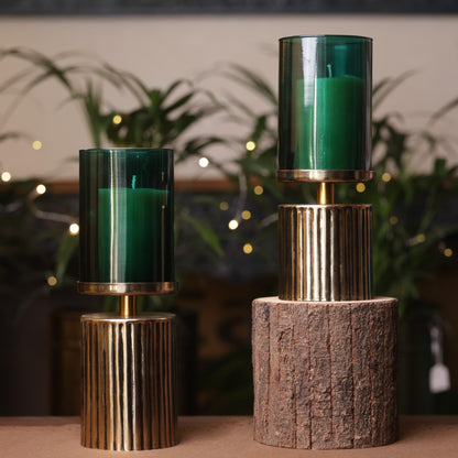 Antique Gold Ribbed Candlestand - Green