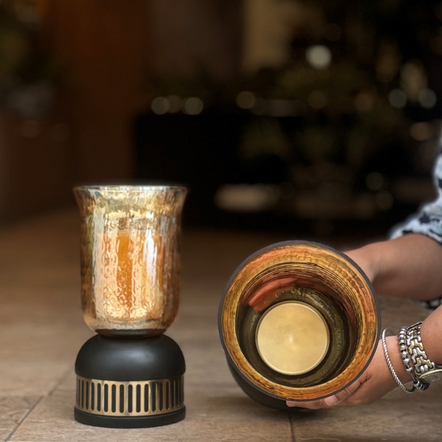 Bell Glass Candlestand With Wooden Base