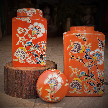 Handpainted Orange Ceramic Decorative Jar With Lid