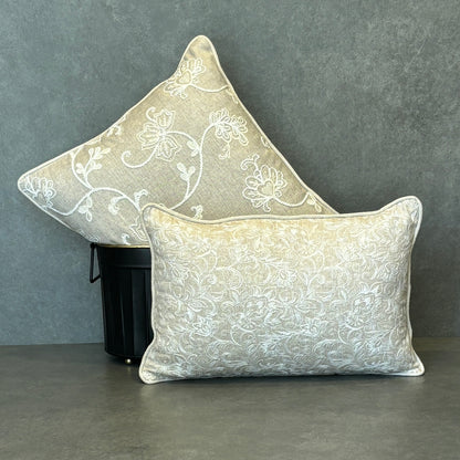 Beige Embroidered Linen Cushion 12 x 18