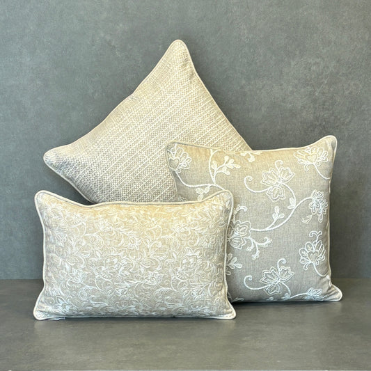 Beige Embroidered Linen Cushion 12 x 18
