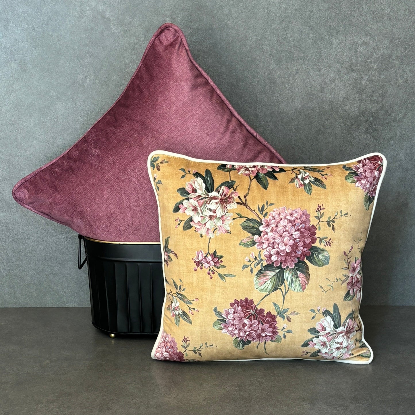 Yellow Floral Velvet Cushion Cover 16 x 16