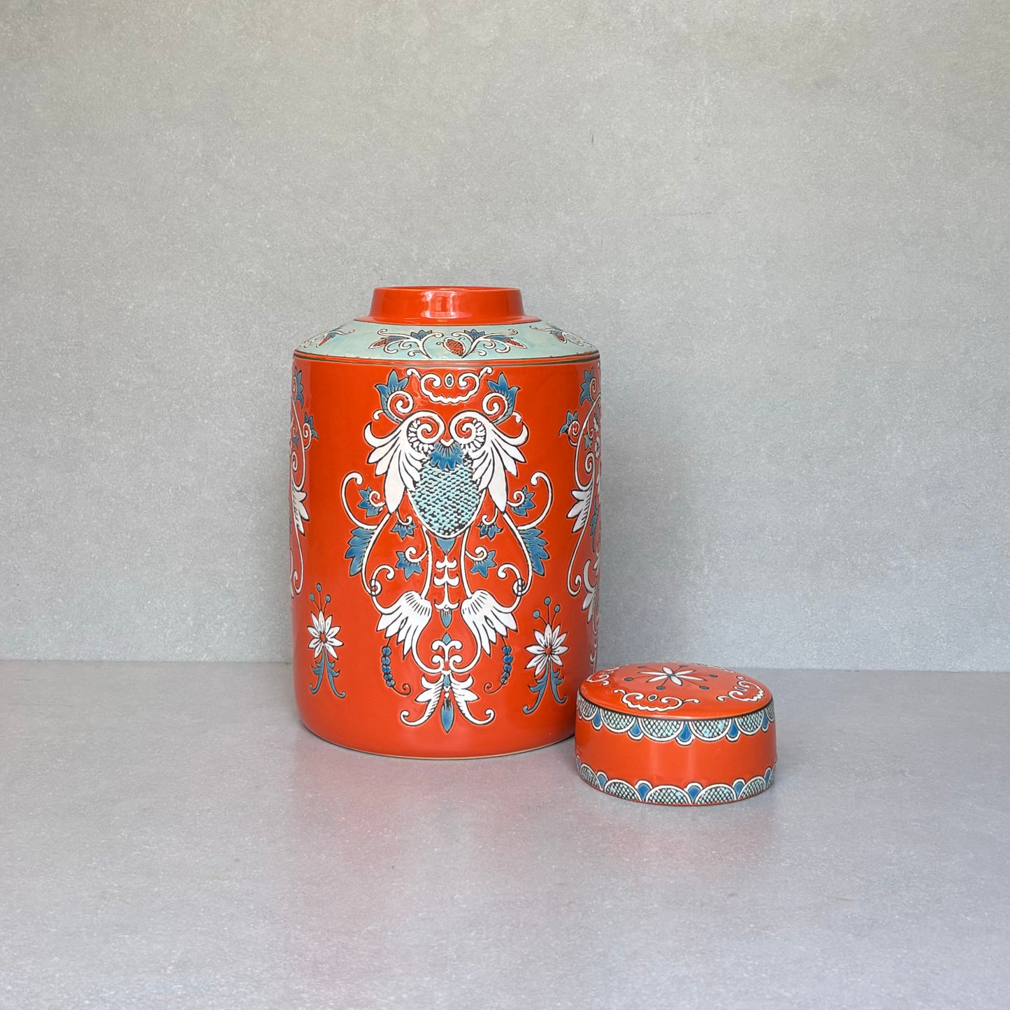 Handpainted Orange Ceramic Decorative Round Jar With Lid