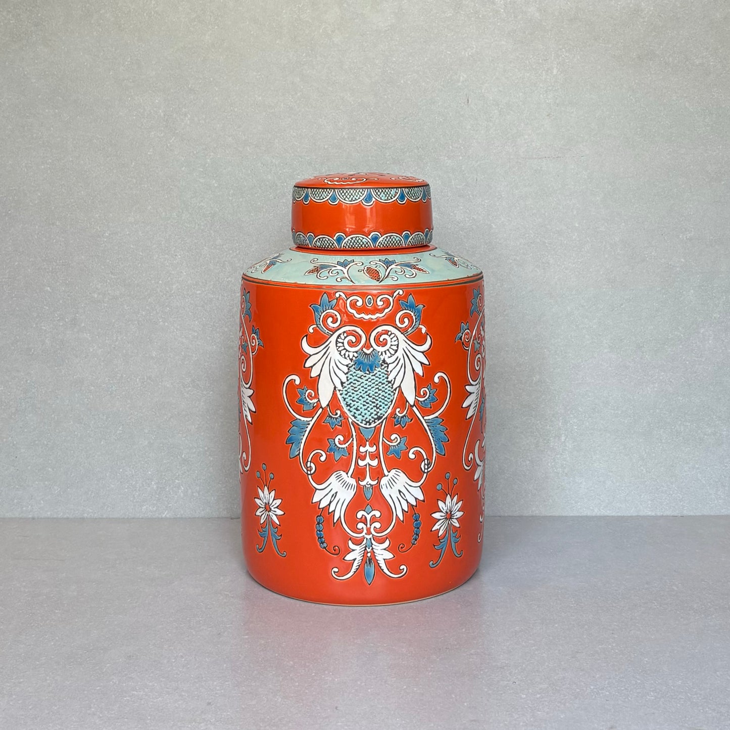Handpainted Orange Ceramic Decorative Round Jar With Lid