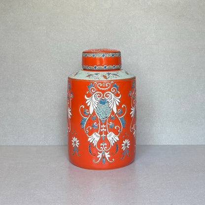 Handpainted Orange Ceramic Decorative Round Jar With Lid