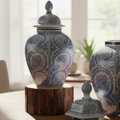 Decorative Ceramic Blue And White Temple Jar