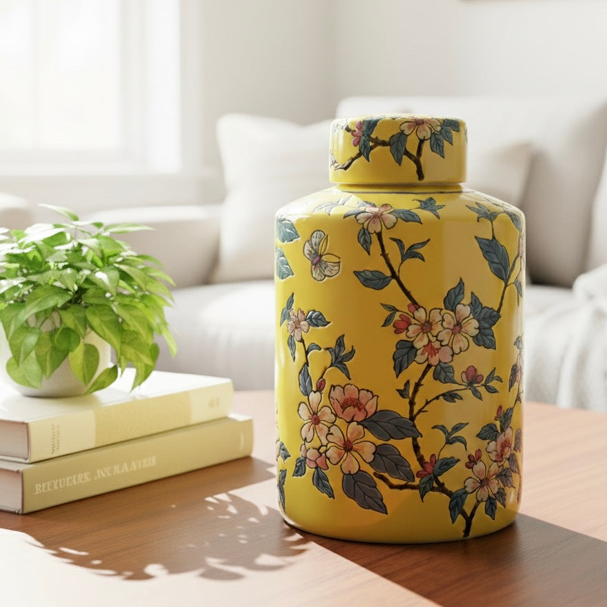 Handpainted Yellow Ceramic Decorative Round Jar With Lid