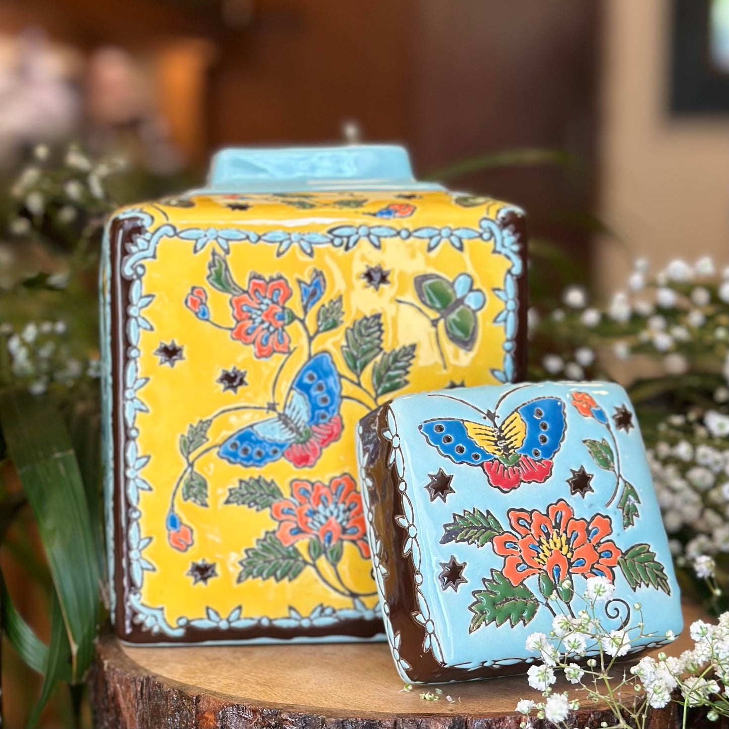 Butterfly Garden Hand-Painted Ceramic Jar