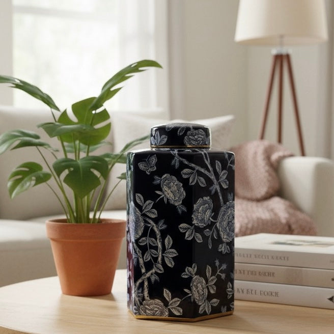 Midnight Peony Decorative Porcelain Jar