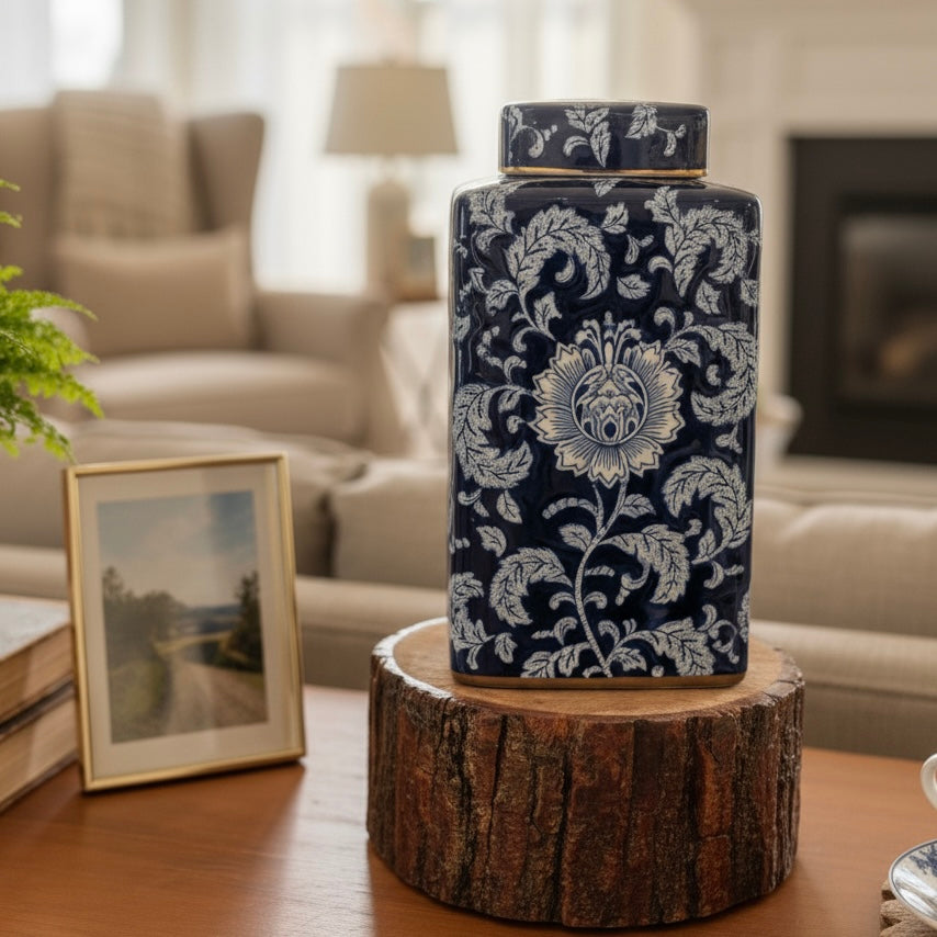 Blue Floral Decorative Triangular Jar