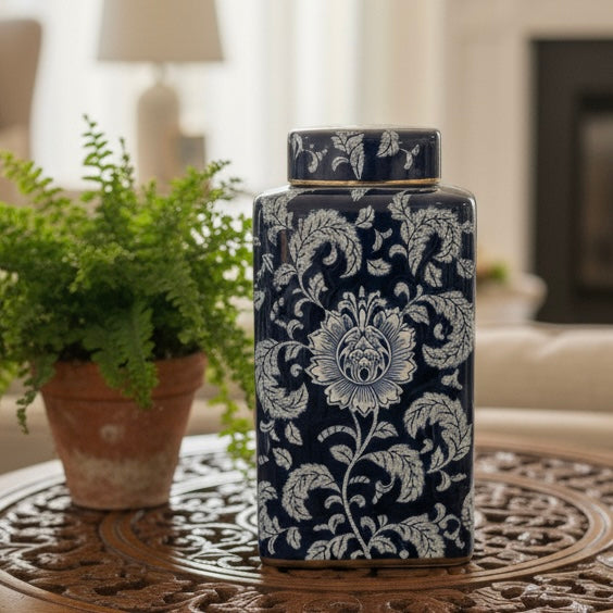 Blue Floral Decorative Triangular Jar