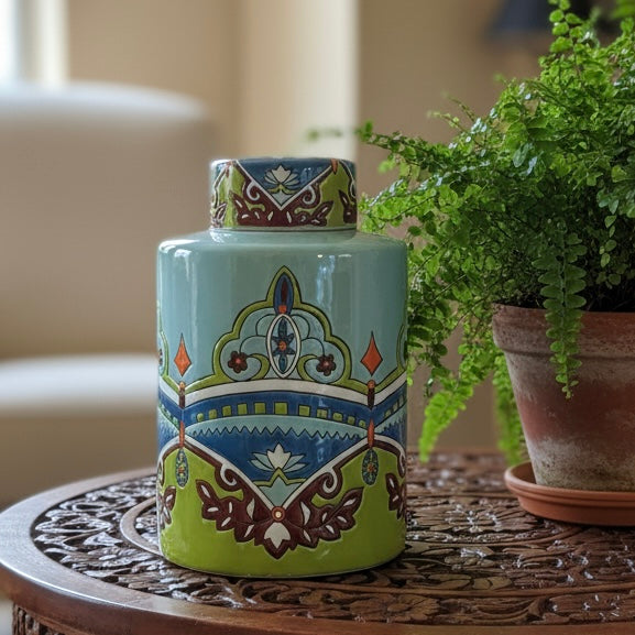 Regal Lotus Harmony Hand-Painted Ceramic Jar