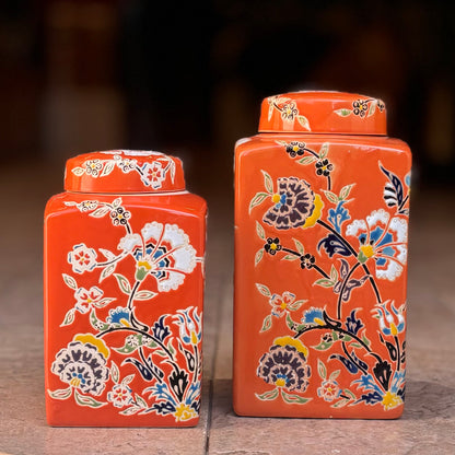 Coral Bloom Hand-Painted Ceramic Jar