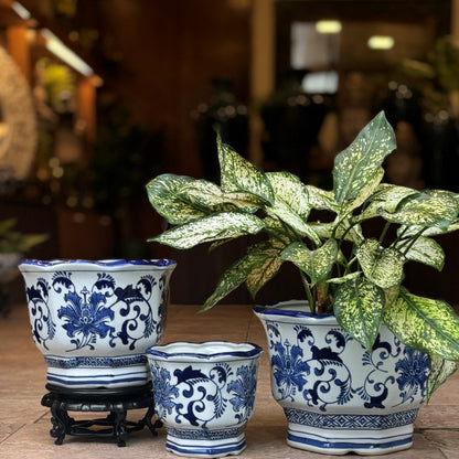 Blue And White Hexagonal Ceramic Planter