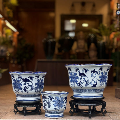 Blue And White Hexagonal Ceramic Planter