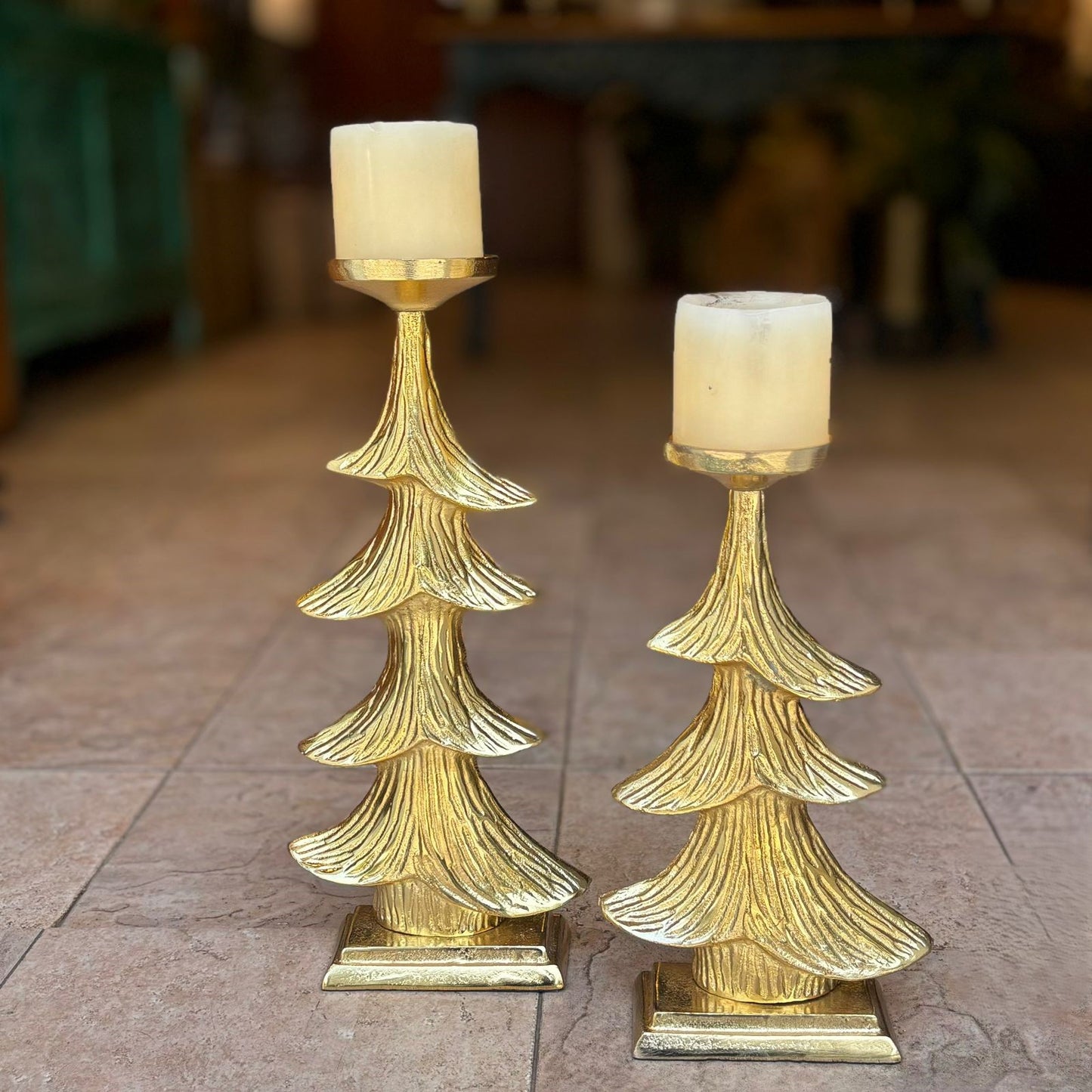 Gold Christmas Tree Candlestand - Set Of 2