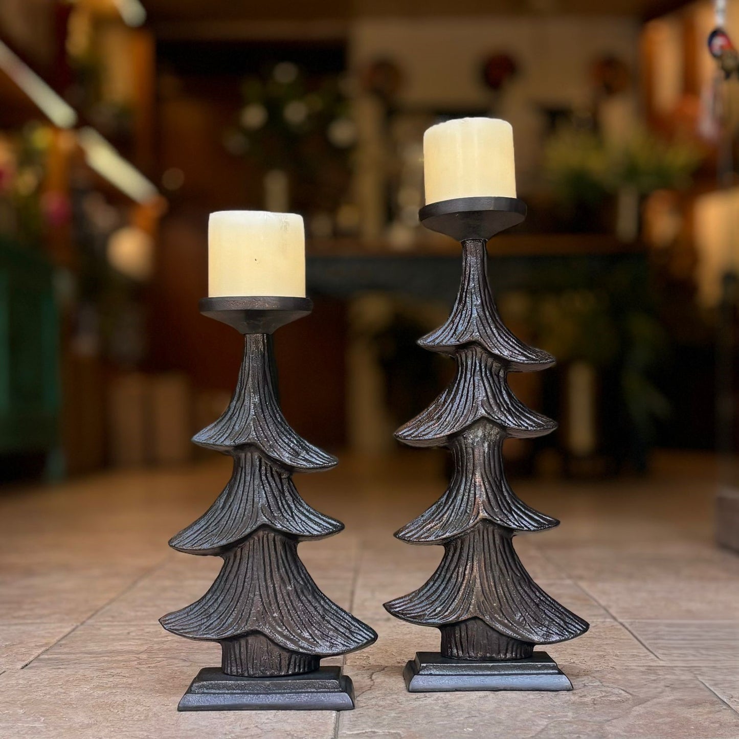 Rustic Christmas Tree Candlestand - Set Of 2